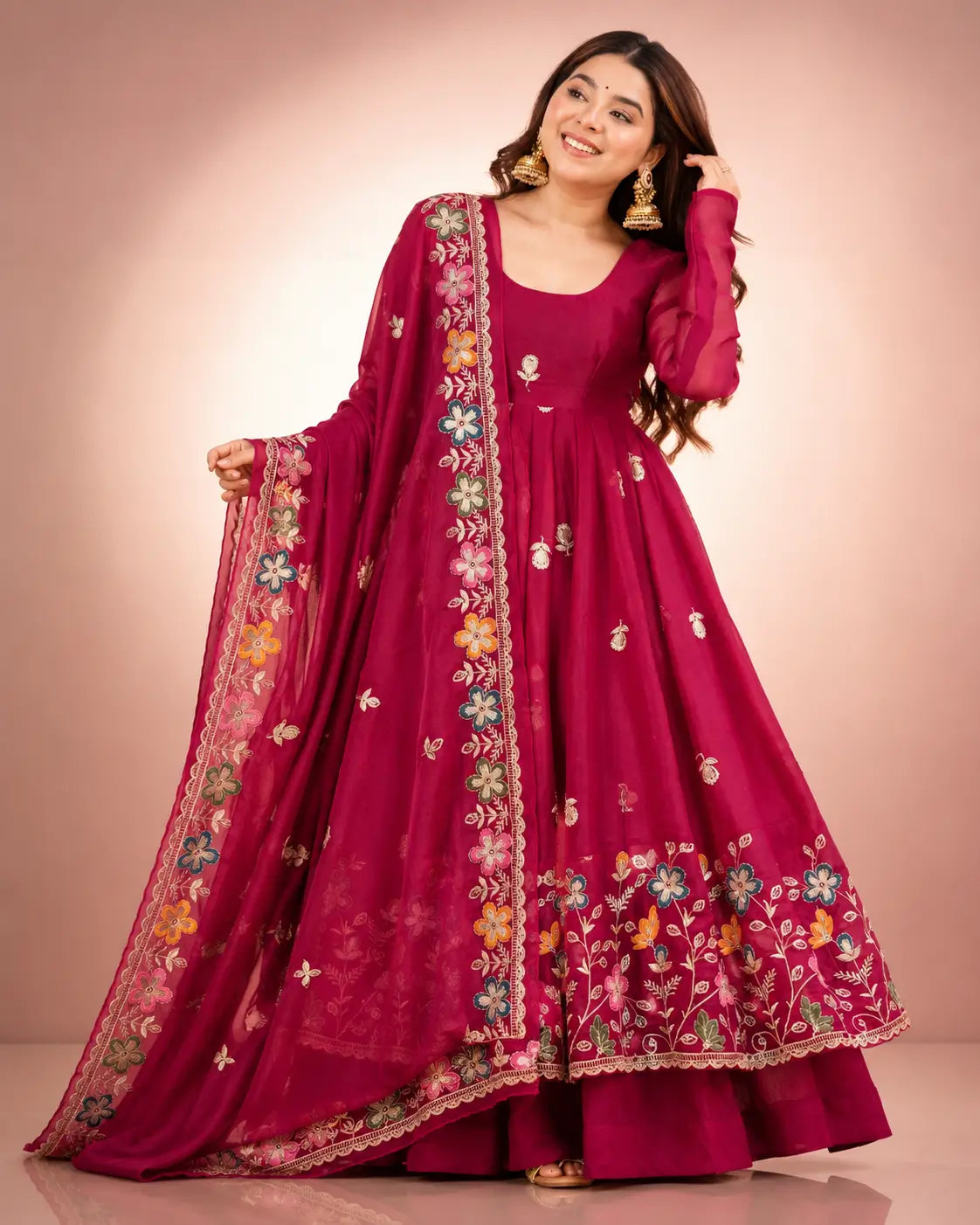 Crunchy Silk Embroidered Gown Sharara Set with Dupatta for Elegant look