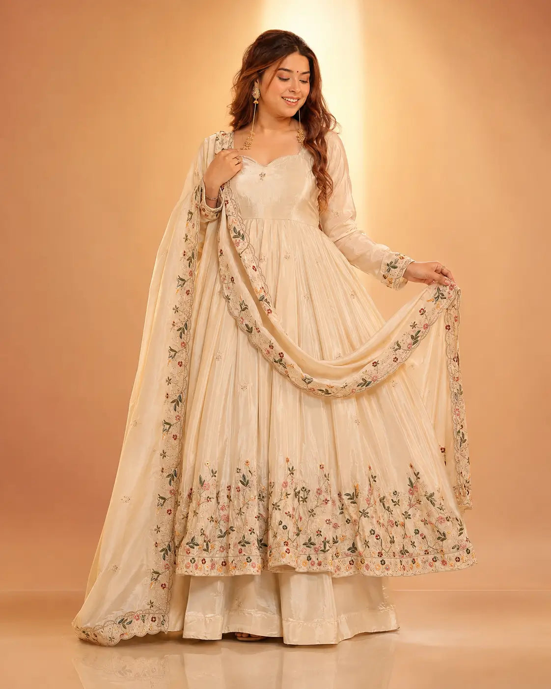 Crunchy Silk Embroidered Gown Sharara Set with Dupatta for Elegant look