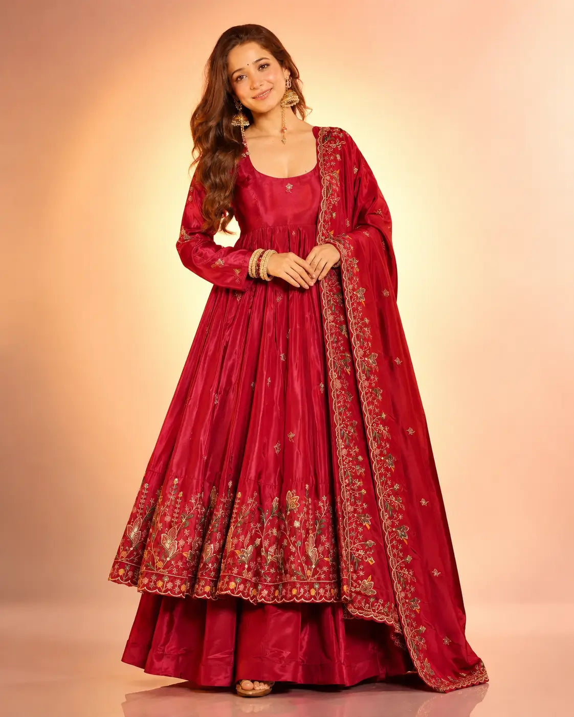 Crunchy Silk Embroidered Gown Sharara Set with Dupatta for Elegant look