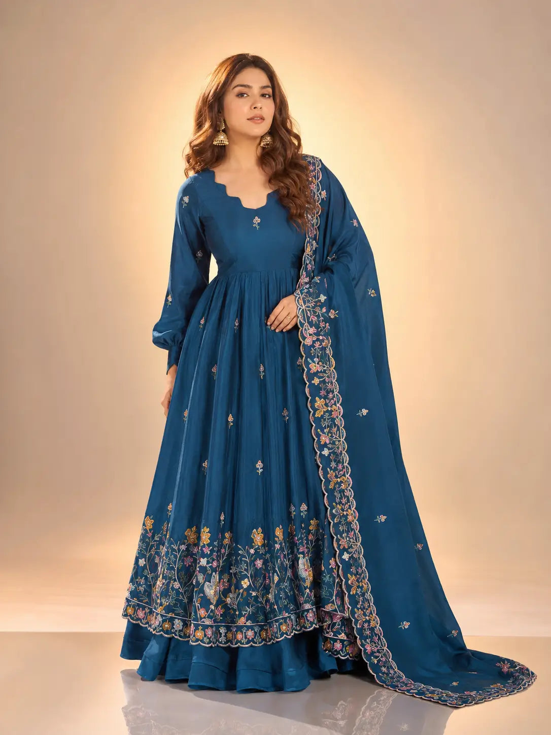 Crunchy Silk Embroidered Gown Sharara Set with Dupatta for Elegant look