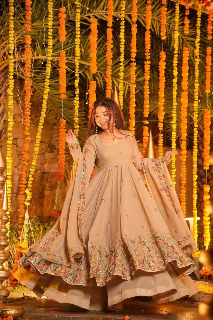 Crunchy Silk Embroidered Gown Sharara Set with Dupatta for Elegant look