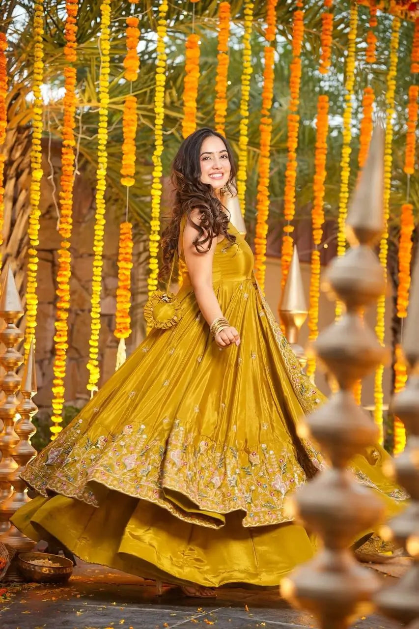 Crunchy Silk Embroidered Gown Sharara Set with Dupatta for Elegant look