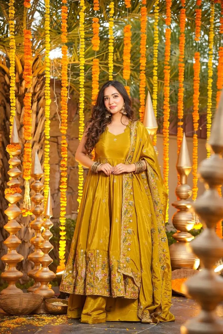 Crunchy Silk Embroidered Gown Sharara Set with Dupatta for Elegant look
