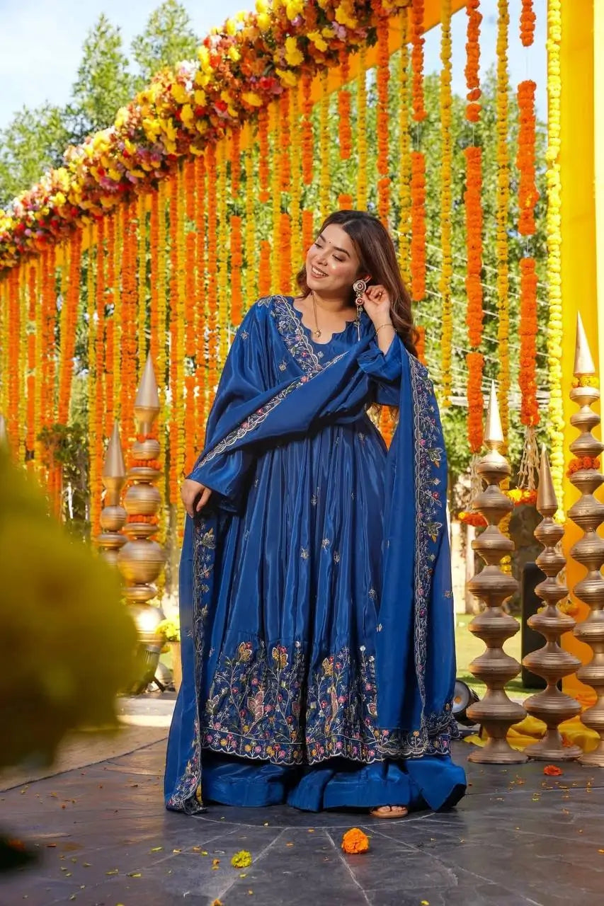 Crunchy Silk Embroidered Gown Sharara Set with Dupatta for Elegant look