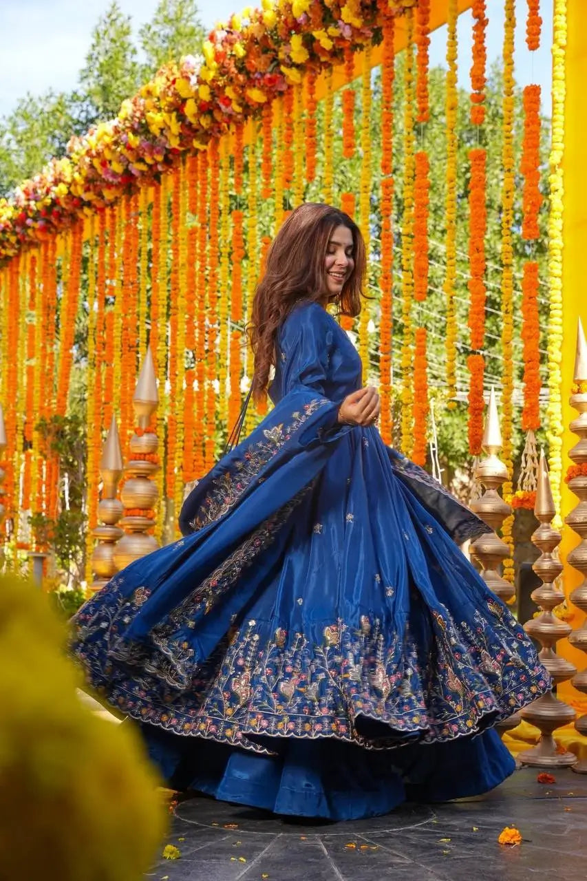Crunchy Silk Embroidered Gown Sharara Set with Dupatta for Elegant look