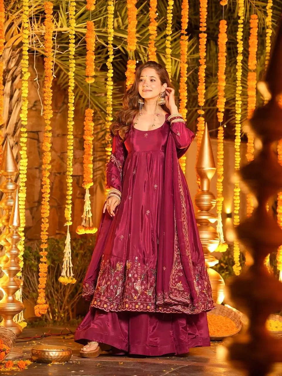 Crunchy Silk Embroidered Gown Sharara Set with Dupatta for Elegant look