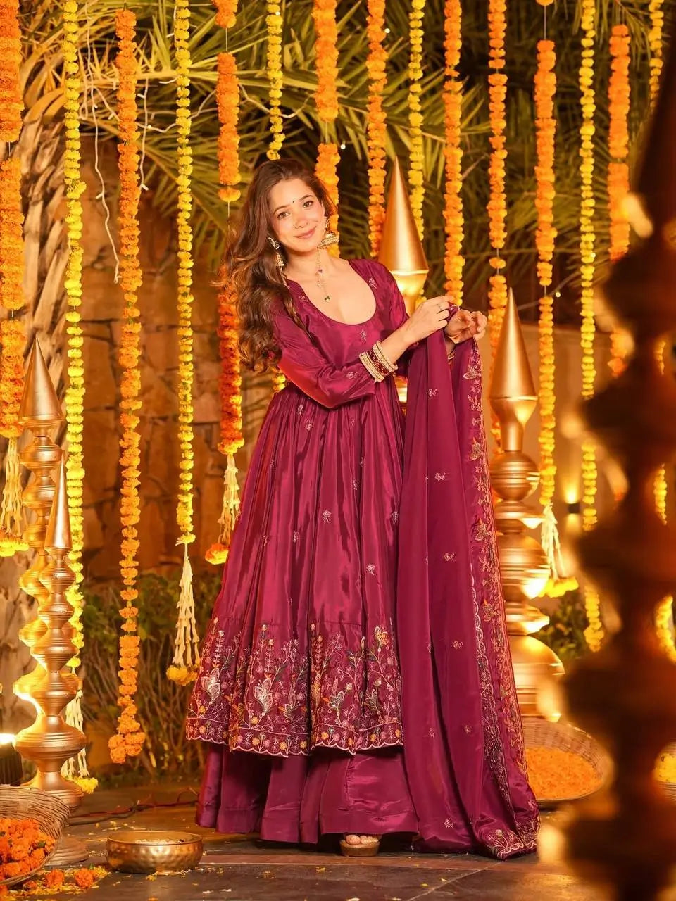 Crunchy Silk Embroidered Gown Sharara Set with Dupatta for Elegant look