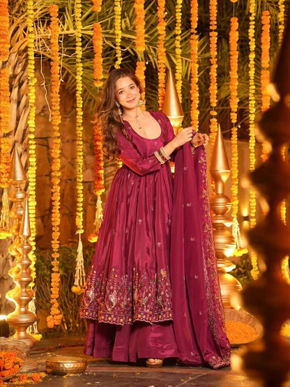 Crunchy Silk Embroidered Gown Sharara Set with Dupatta for Elegant look
