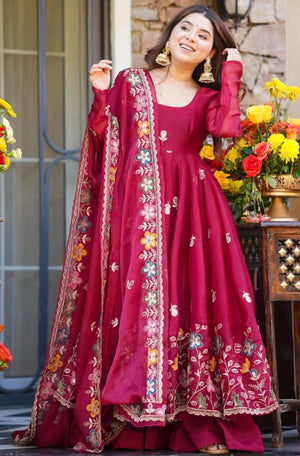 Crunchy Silk Embroidered Gown Sharara Set with Dupatta for Elegant look
