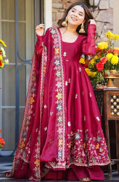 Crunchy Silk Embroidered Gown Sharara Set with Dupatta for Elegant look