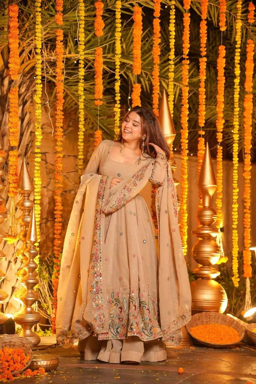 Crunchy Silk Embroidered Gown Sharara Set with Dupatta for Elegant look