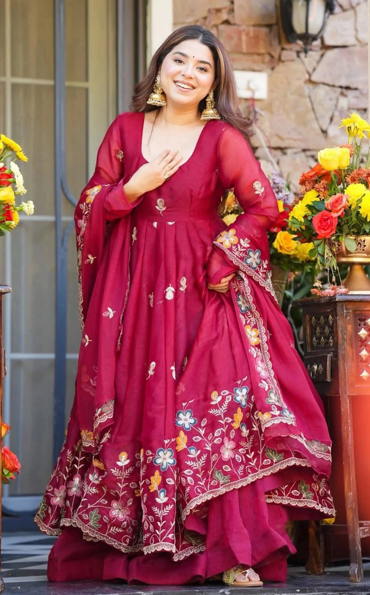 Crunchy Silk Embroidered Gown Sharara Set with Dupatta for Elegant look