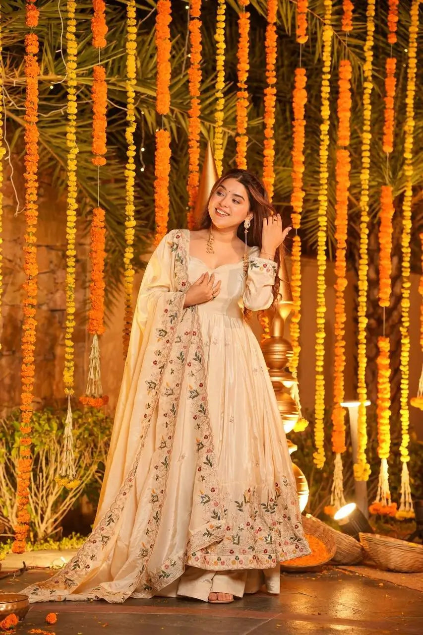 Crunchy Silk Embroidered Gown Sharara Set with Dupatta for Elegant look