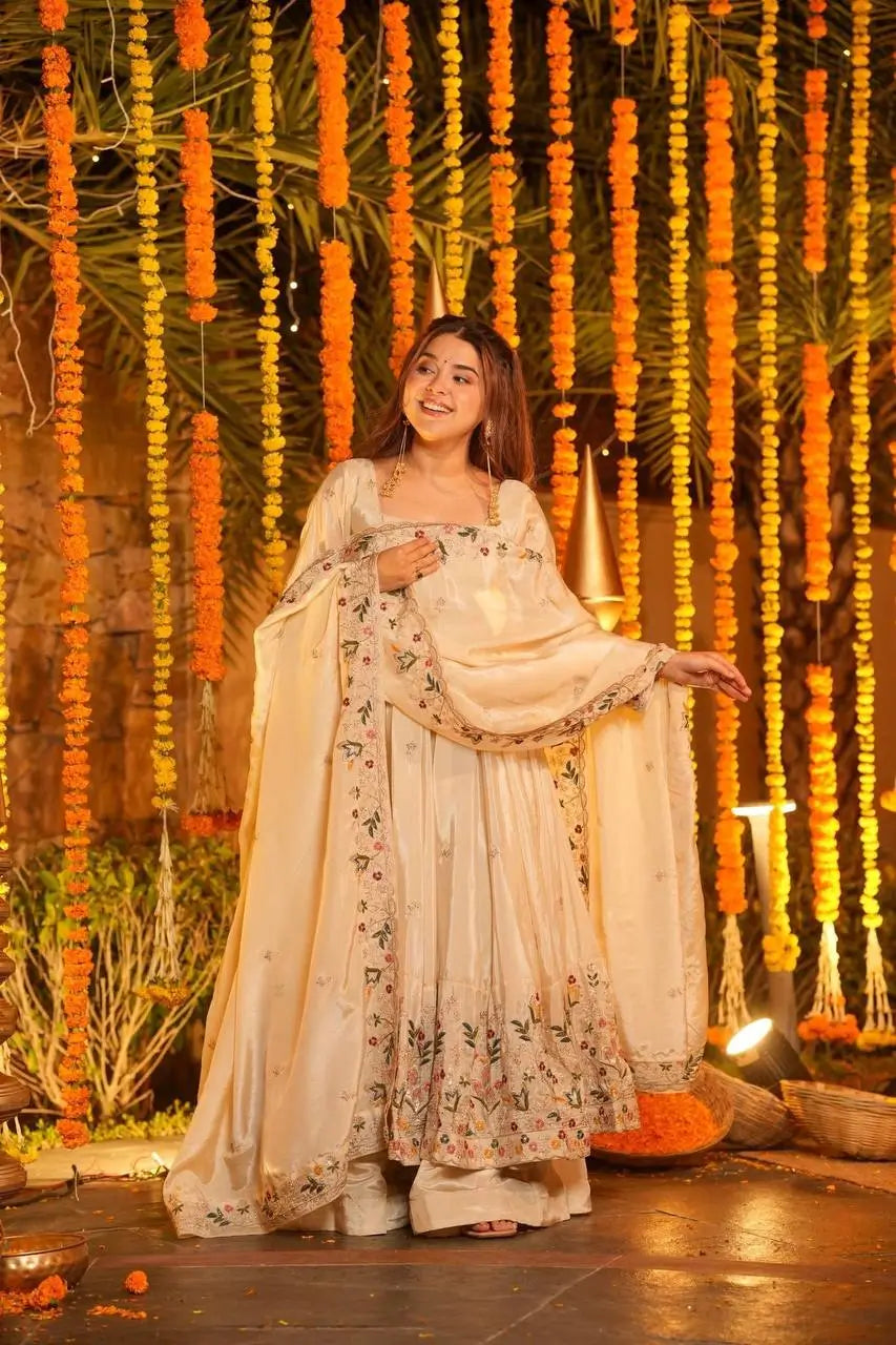 Crunchy Silk Embroidered Gown Sharara Set with Dupatta for Elegant look