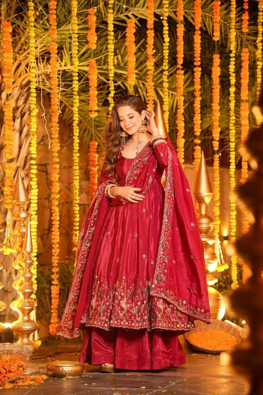 Crunchy Silk Embroidered Gown Sharara Set with Dupatta for Elegant look