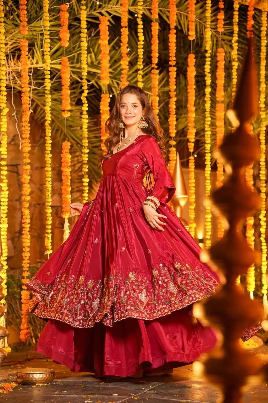 Crunchy Silk Embroidered Gown Sharara Set with Dupatta for Elegant look