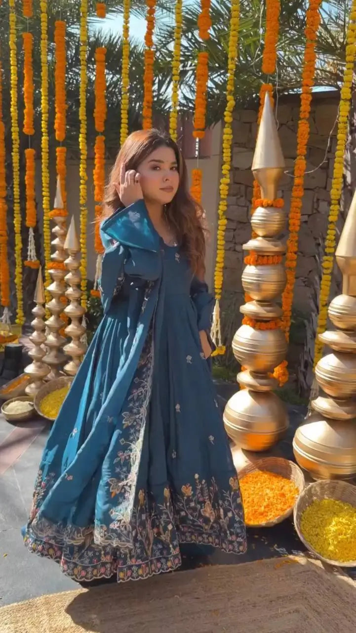 Crunchy Silk Embroidered Gown Sharara Set with Dupatta for Elegant look