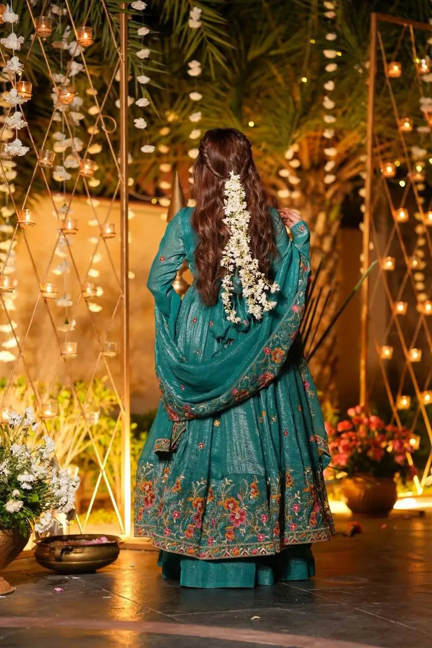 Crunchy Silk Embroidered Gown Sharara Set with Dupatta for Elegant look