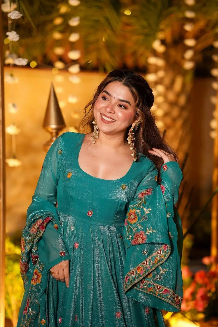 Crunchy Silk Embroidered Gown Sharara Set with Dupatta for Elegant look