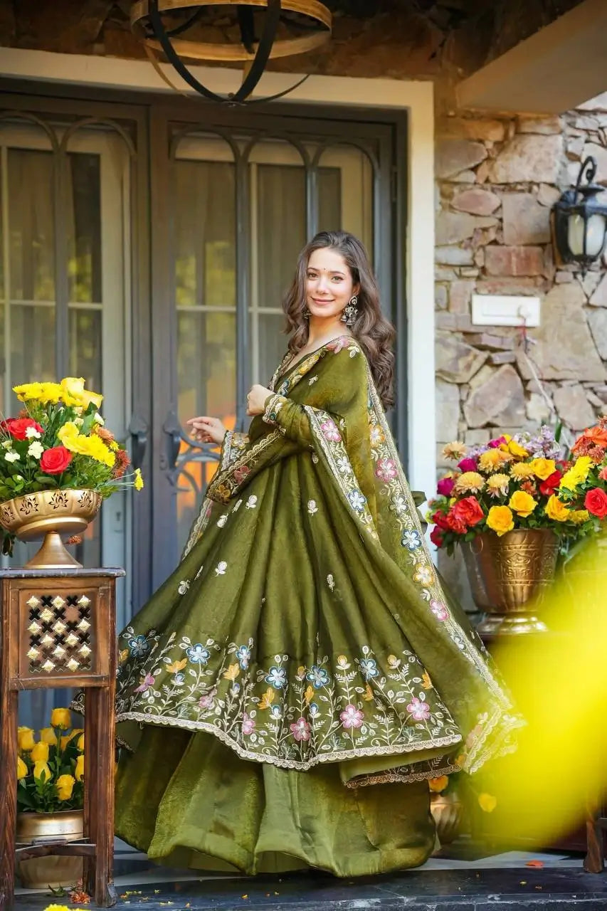 Crunchy Silk Embroidered Gown Sharara Set with Dupatta for Elegant look