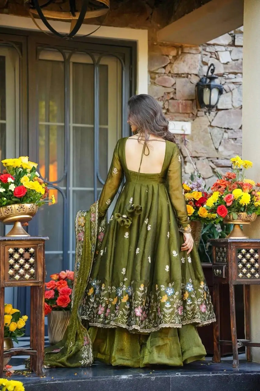Crunchy Silk Embroidered Gown Sharara Set with Dupatta for Elegant look