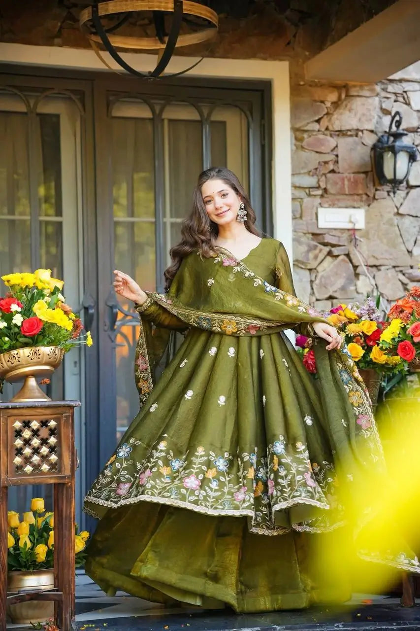 Crunchy Silk Embroidered Gown Sharara Set with Dupatta for Elegant look