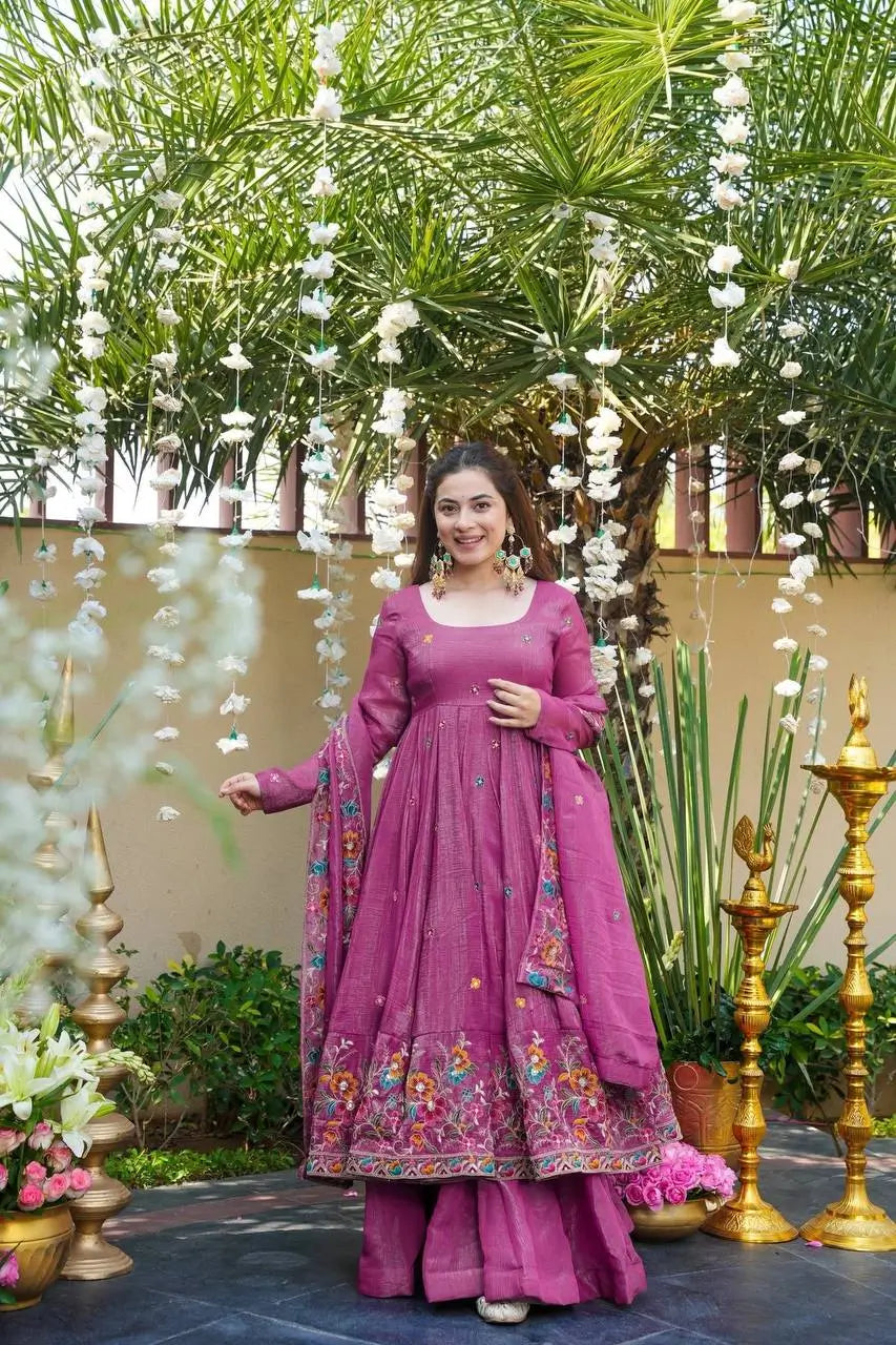 Crunchy Silk Embroidered Gown Sharara Set with Dupatta for Elegant look