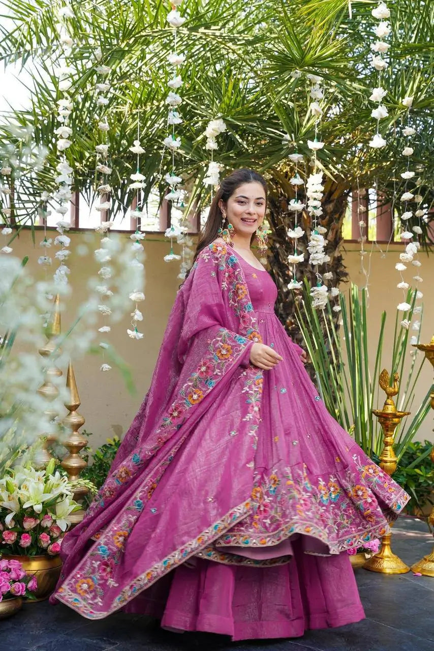 Crunchy Silk Embroidered Gown Sharara Set with Dupatta for Elegant look