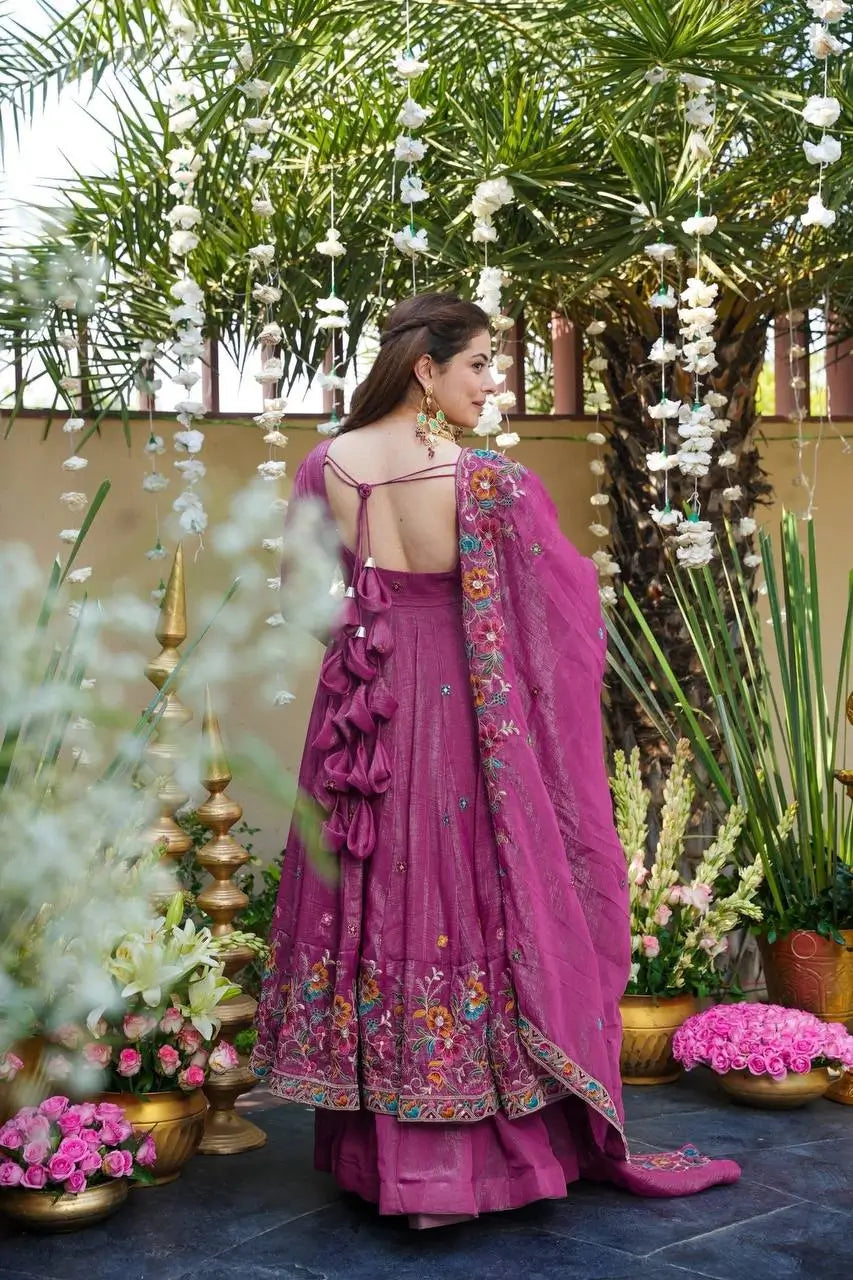 Crunchy Silk Embroidered Gown Sharara Set with Dupatta for Elegant look