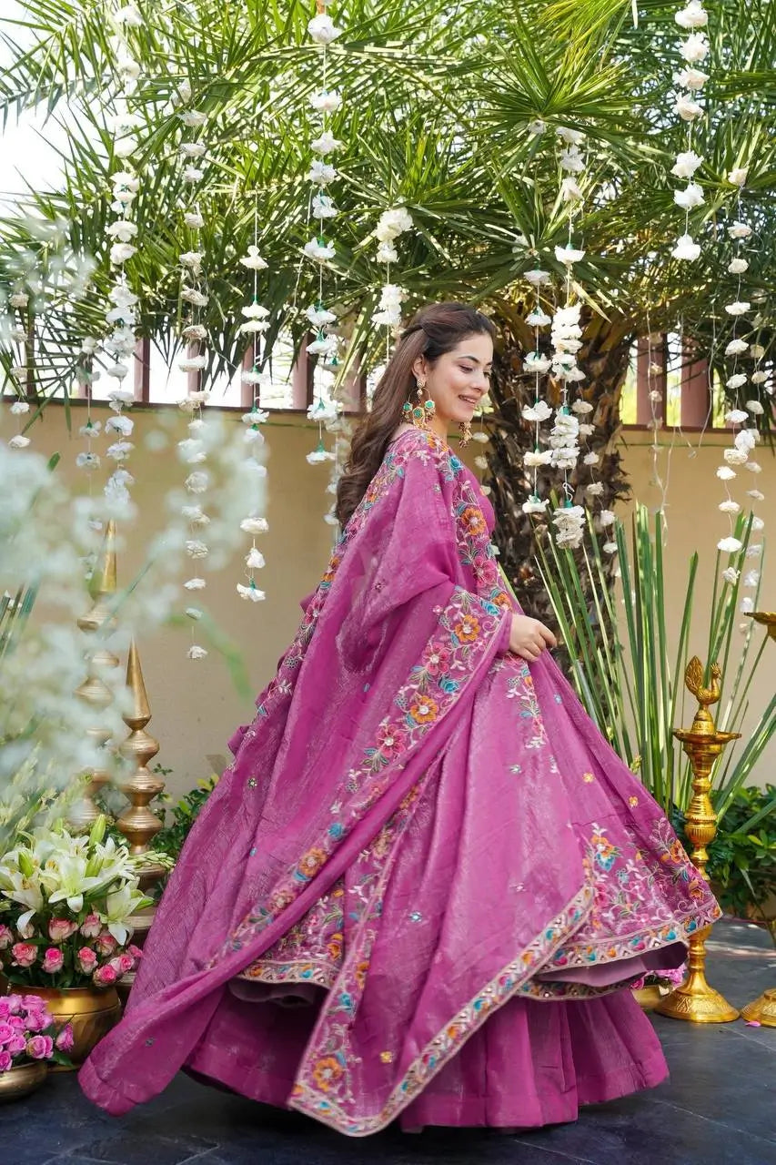 Crunchy Silk Embroidered Gown Sharara Set with Dupatta for Elegant look