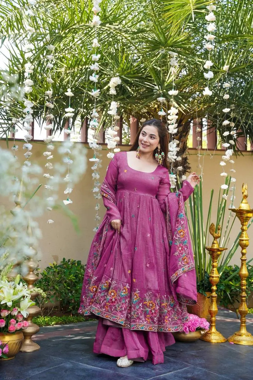 Crunchy Silk Embroidered Gown Sharara Set with Dupatta for Elegant look