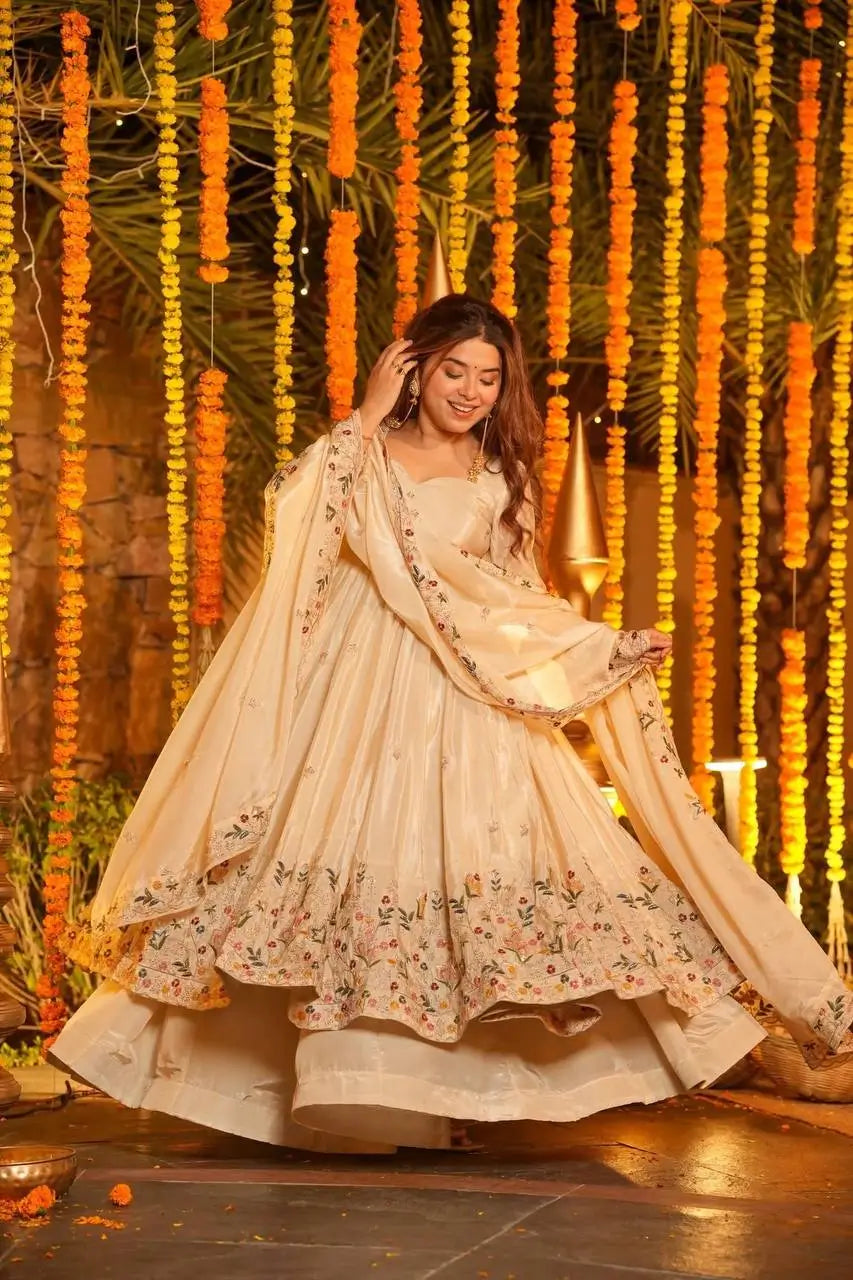 Crunchy Silk Embroidered Gown Sharara Set with Dupatta for Elegant look