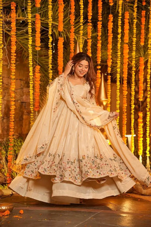 Crunchy Silk Embroidered Gown Sharara Set with Dupatta for Elegant look