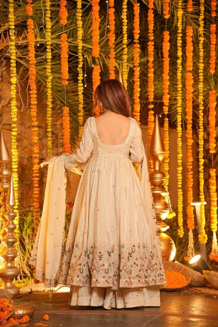 Crunchy Silk Embroidered Gown Sharara Set with Dupatta for Elegant look