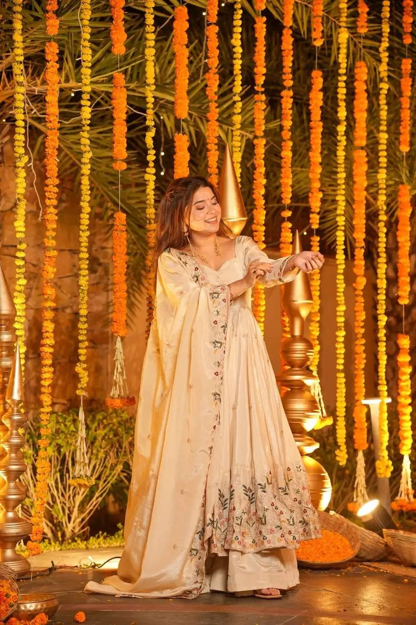 Crunchy Silk Embroidered Gown Sharara Set with Dupatta for Elegant look