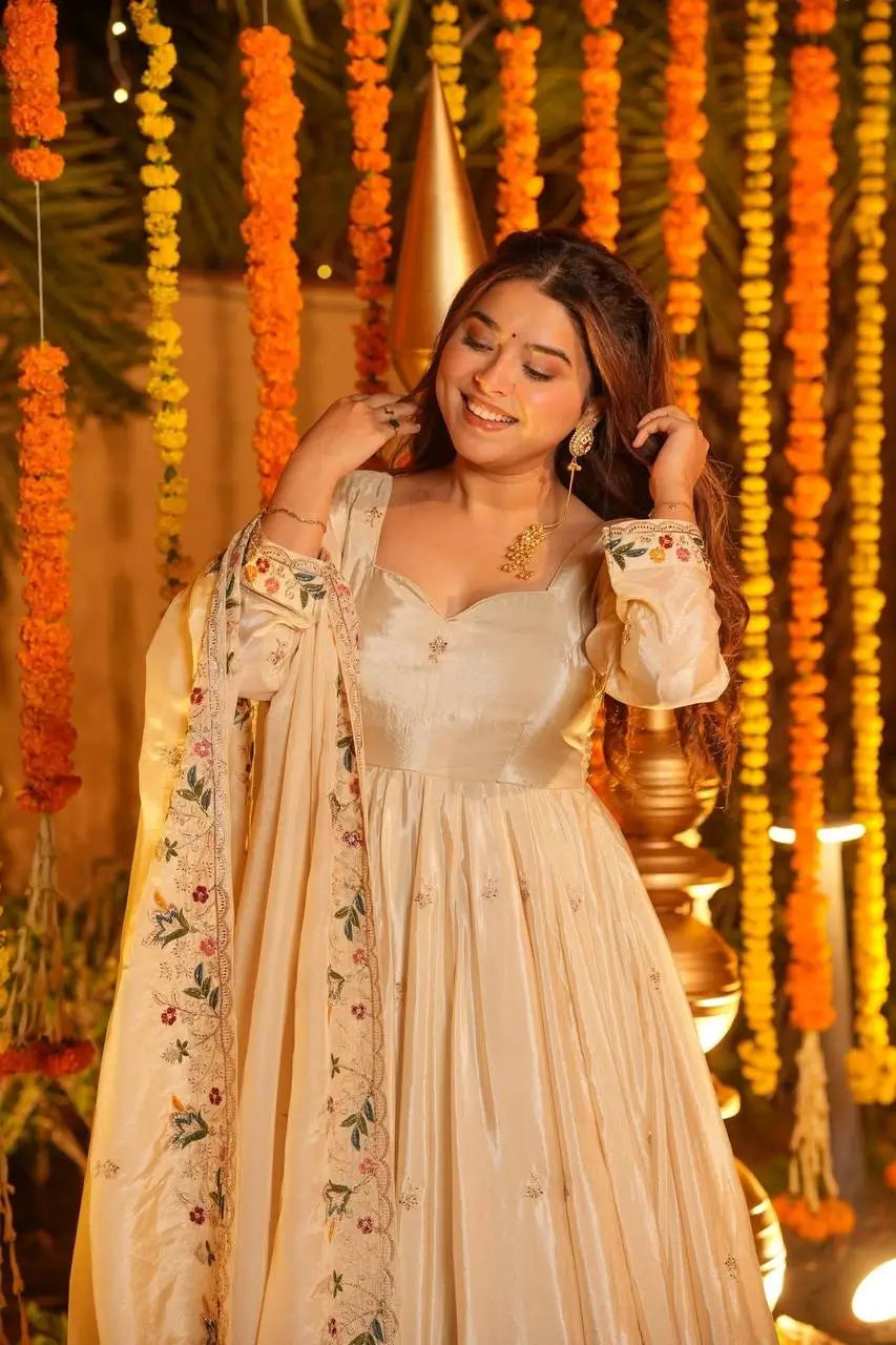 Crunchy Silk Embroidered Gown Sharara Set with Dupatta for Elegant look