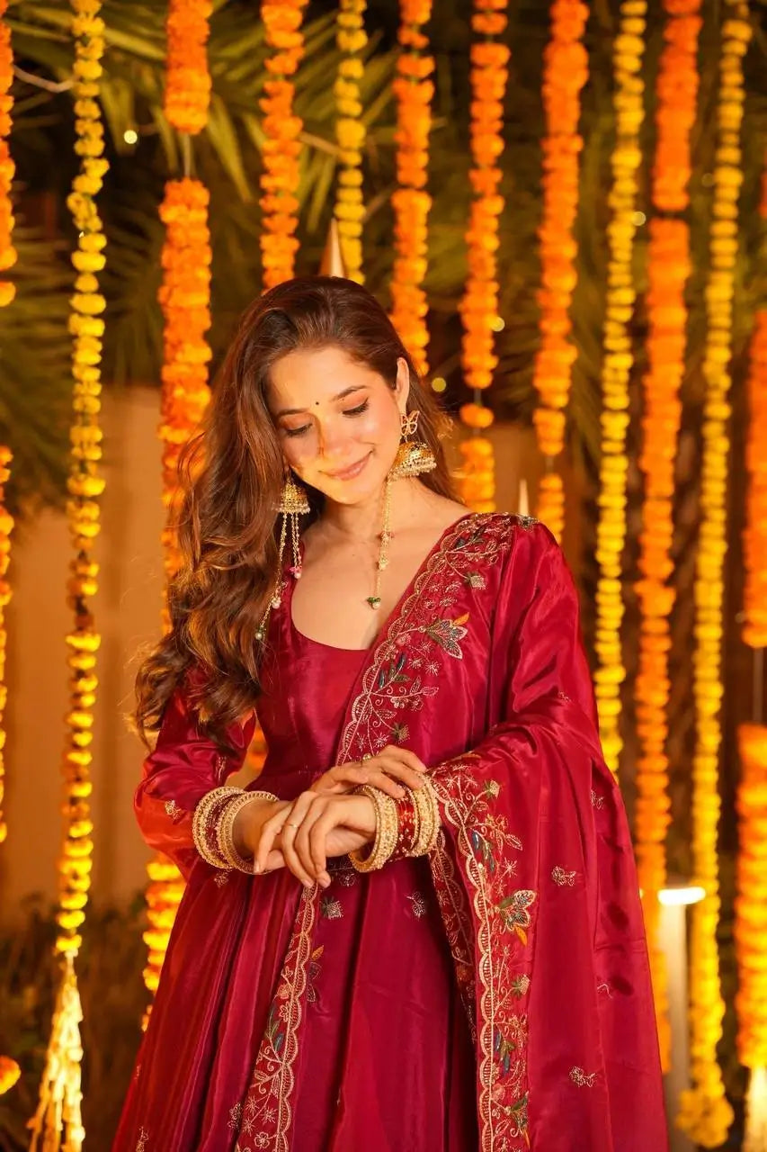 Crunchy Silk Embroidered Gown Sharara Set with Dupatta for Elegant look