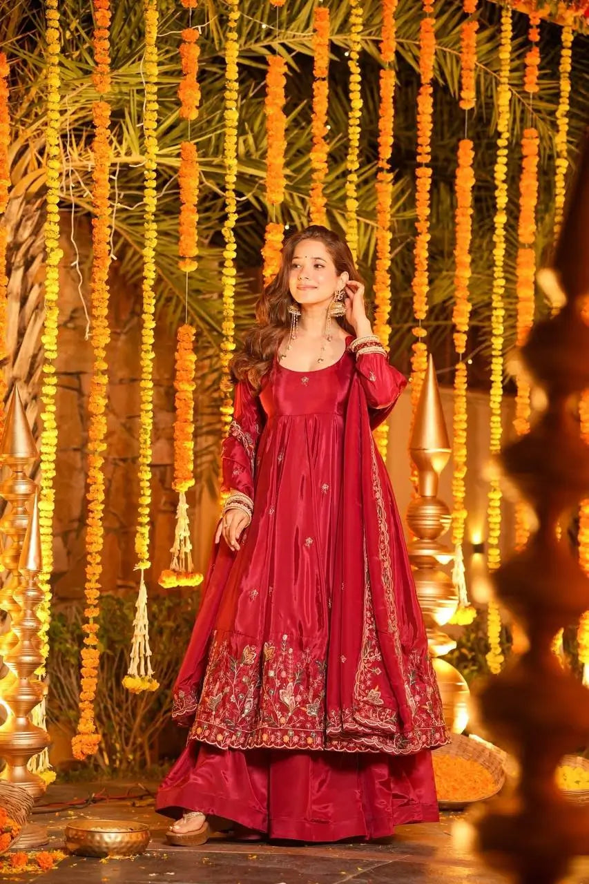 Crunchy Silk Embroidered Gown Sharara Set with Dupatta for Elegant look