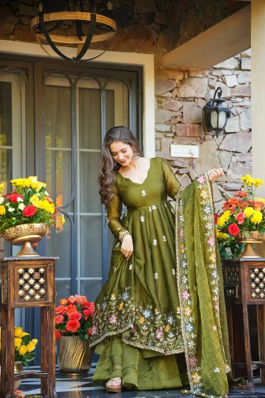Crunchy Silk Embroidered Gown Sharara Set with Dupatta for Elegant look