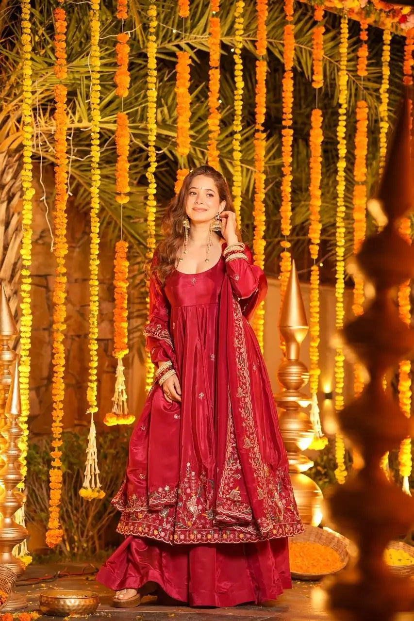 Crunchy Silk Embroidered Gown Sharara Set with Dupatta for Elegant look