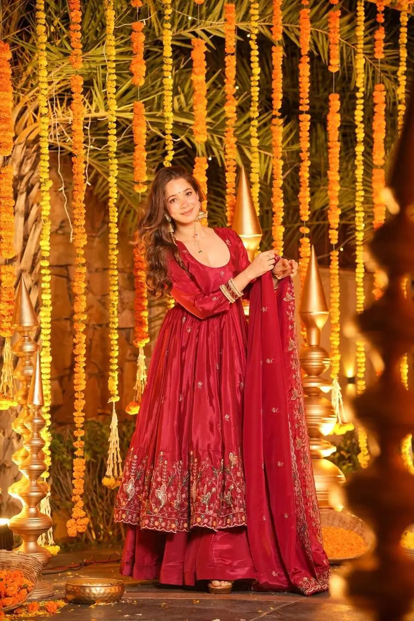 Crunchy Silk Embroidered Gown Sharara Set with Dupatta for Elegant look