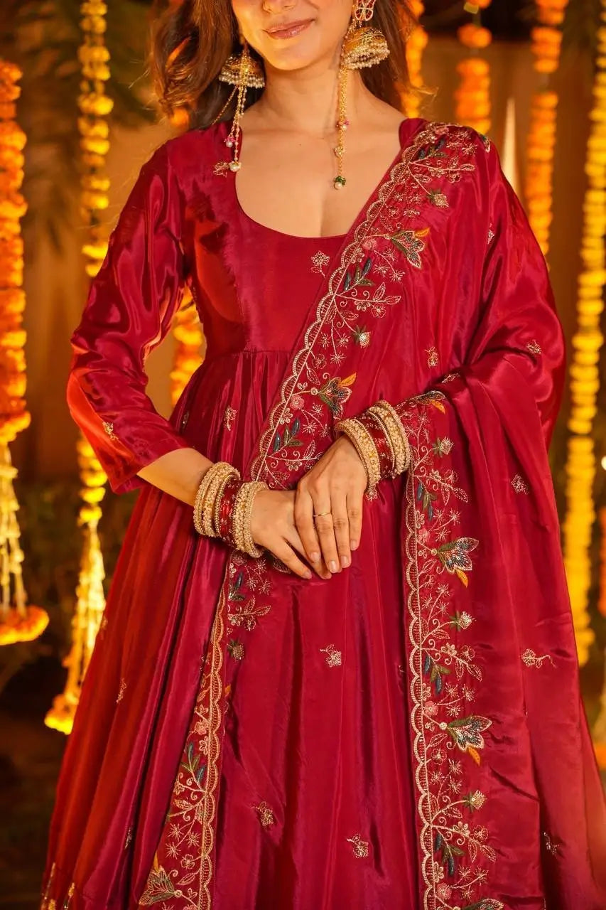 Crunchy Silk Embroidered Gown Sharara Set with Dupatta for Elegant look