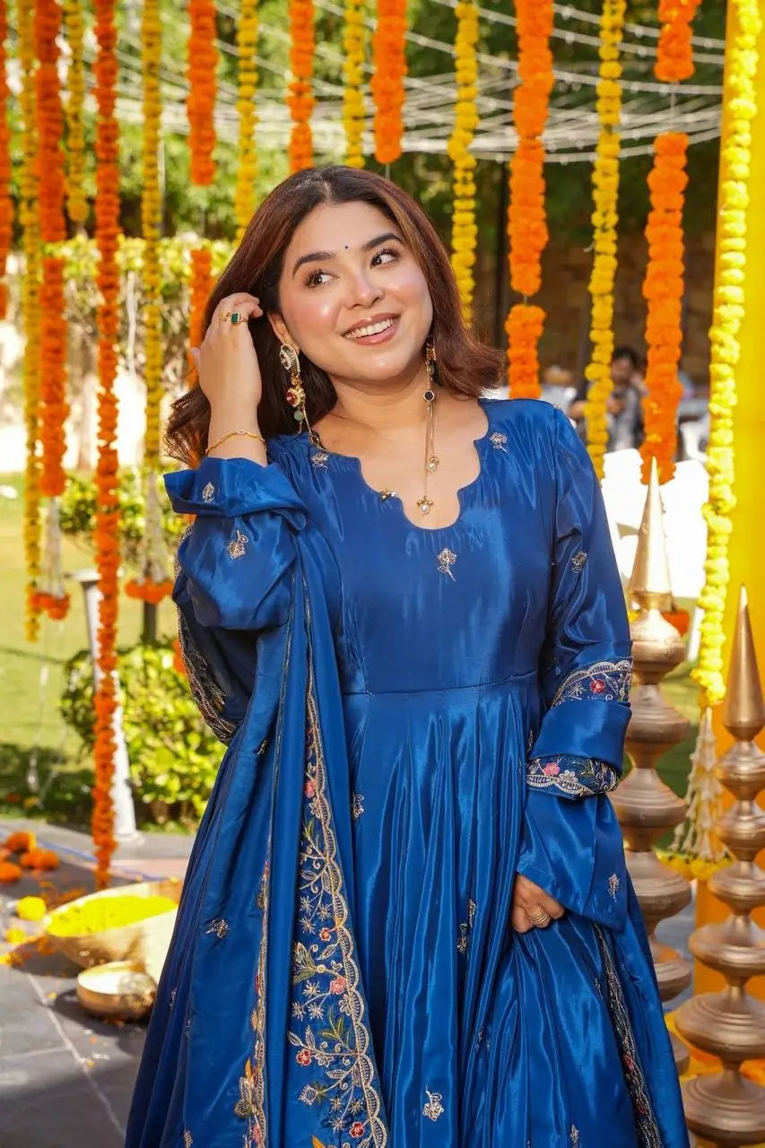 Crunchy Silk Embroidered Gown Sharara Set with Dupatta for Elegant look