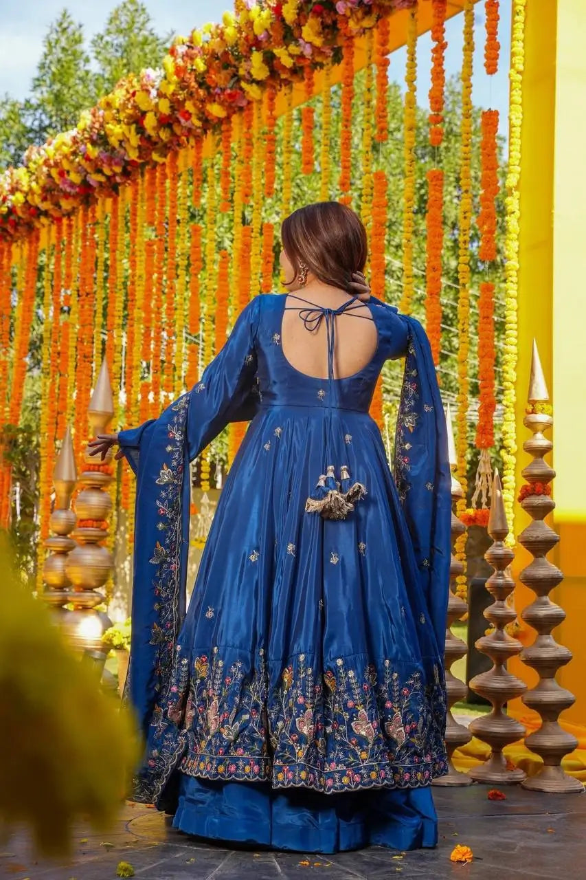 Crunchy Silk Embroidered Gown Sharara Set with Dupatta for Elegant look