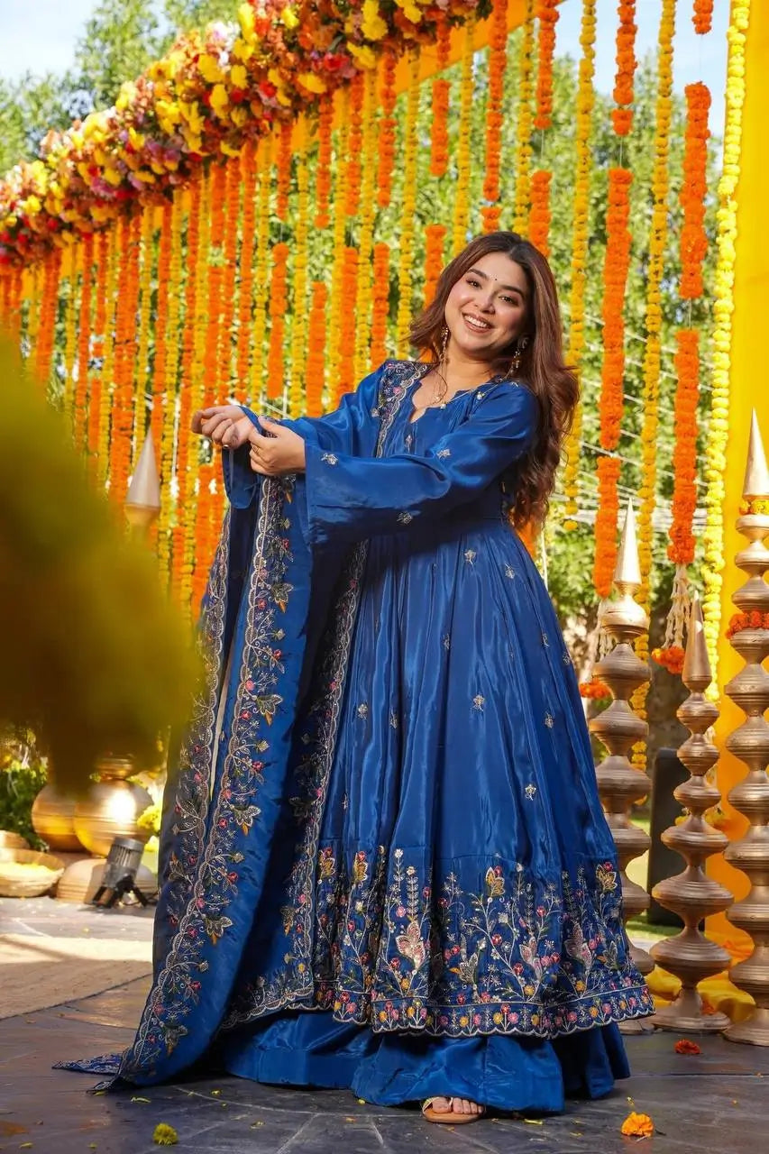 Crunchy Silk Embroidered Gown Sharara Set with Dupatta for Elegant look