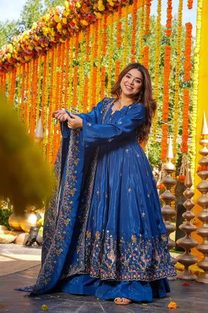 Crunchy Silk Embroidered Gown Sharara Set with Dupatta for Elegant look