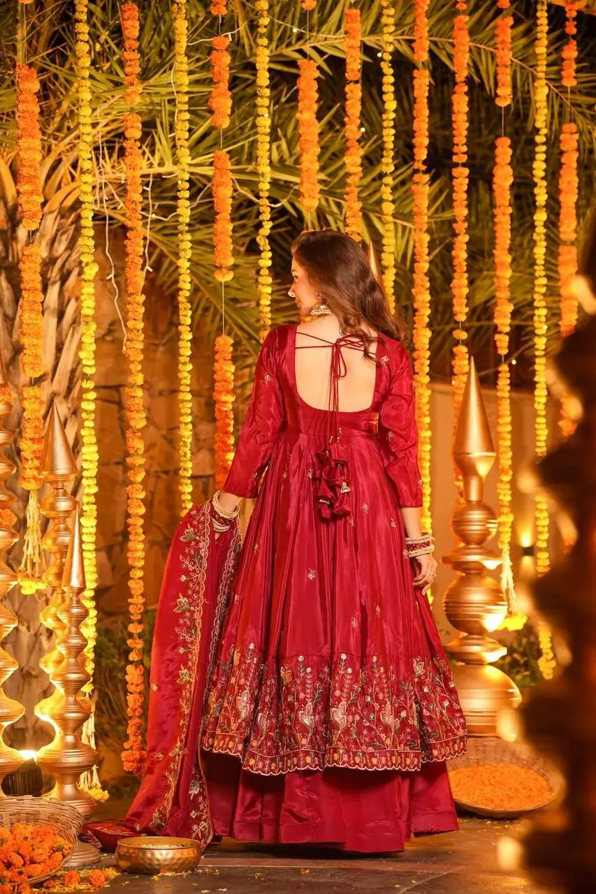Crunchy Silk Embroidered Gown Sharara Set with Dupatta for Elegant look