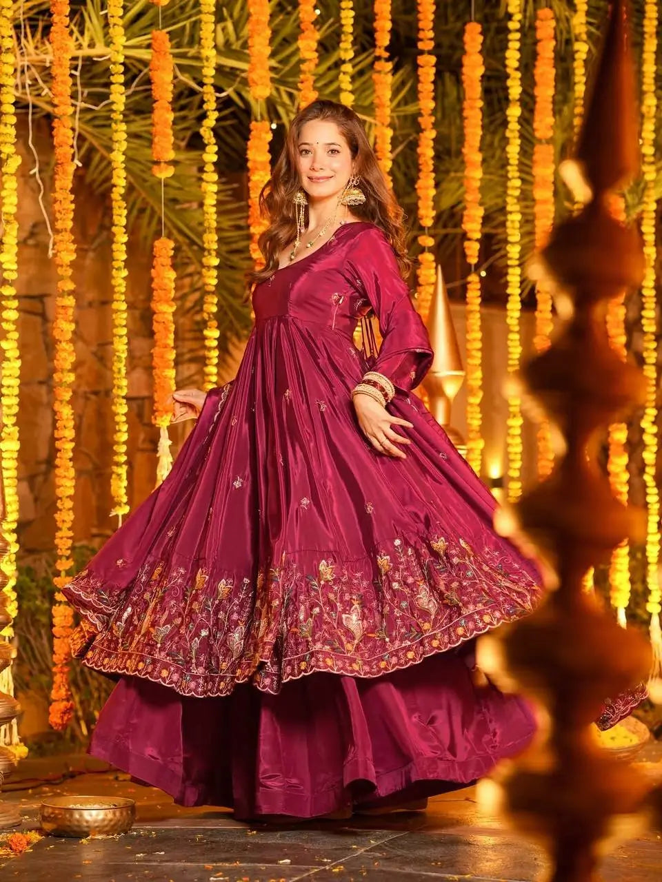 Crunchy Silk Embroidered Gown Sharara Set with Dupatta for Elegant look
