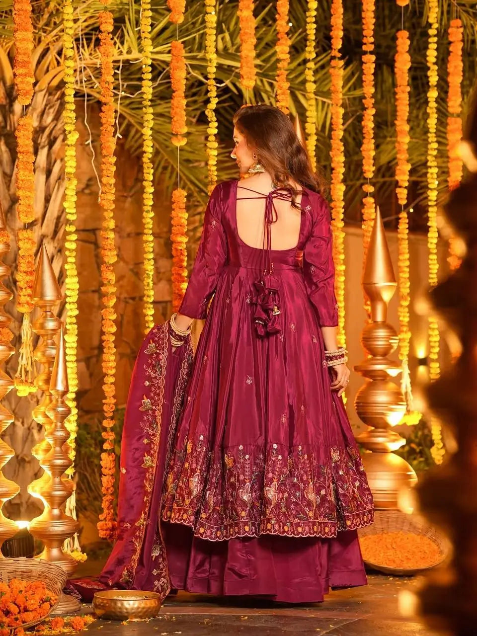 Crunchy Silk Embroidered Gown Sharara Set with Dupatta for Elegant look