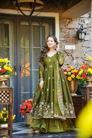 Crunchy Silk Embroidered Gown Sharara Set with Dupatta for Elegant look